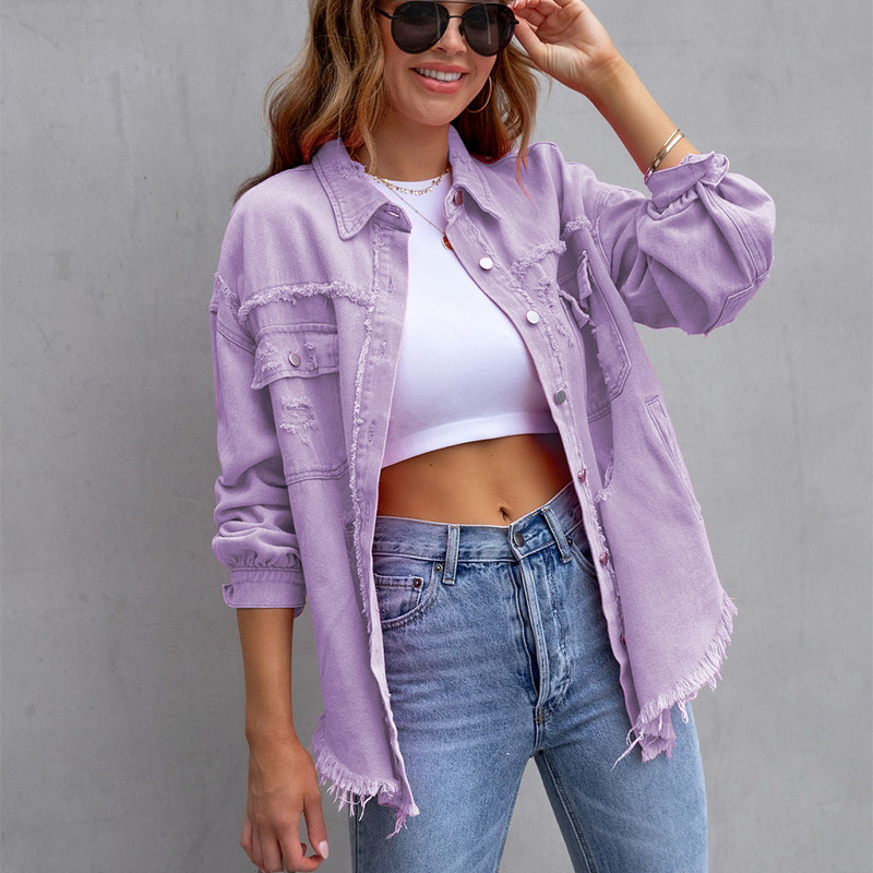 Women Fashion Solid Color Mid-Length Ripped Loose Raw Hem Denim Jacket Coat