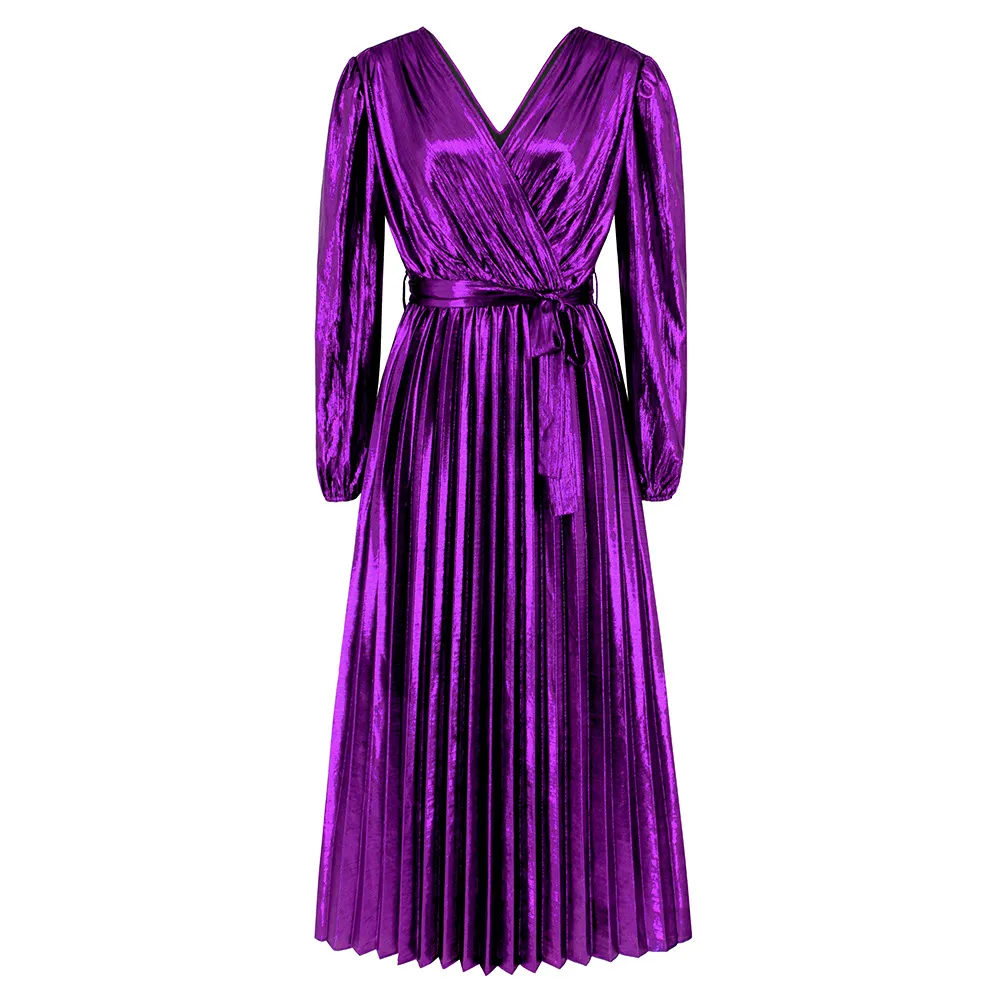 Women Elegant Plain V-Neck Pleated Long Sleeve Maxi Dress