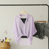 Women Fashion Solid Color Pullover See-Through Chiffon Blouse Black Camis Two-Piece Set