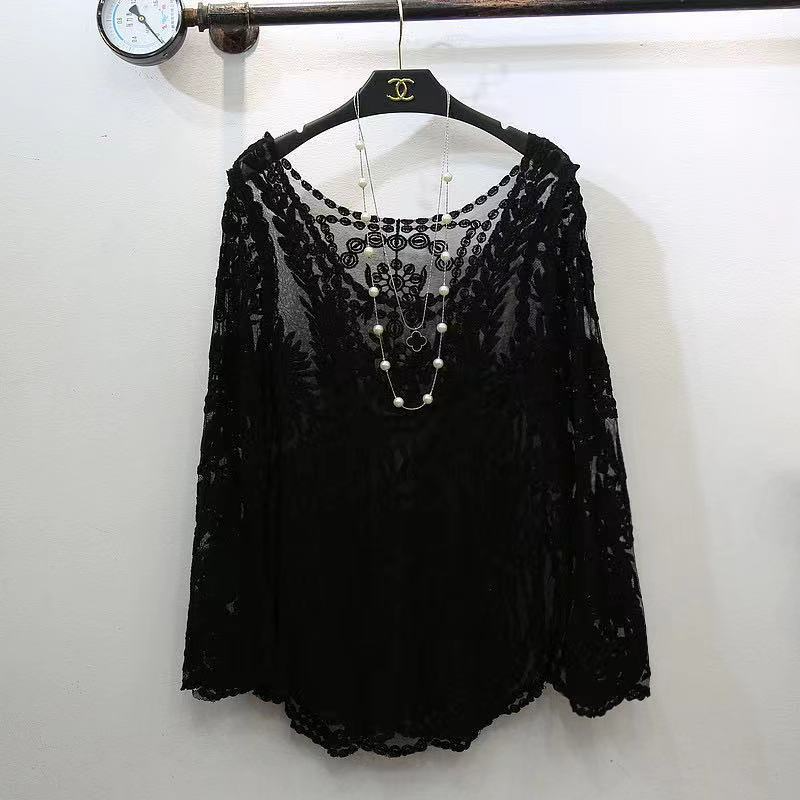 Women Summer Vacation Long Sleeve Lace Mesh Loose Hollow Cover-Ups