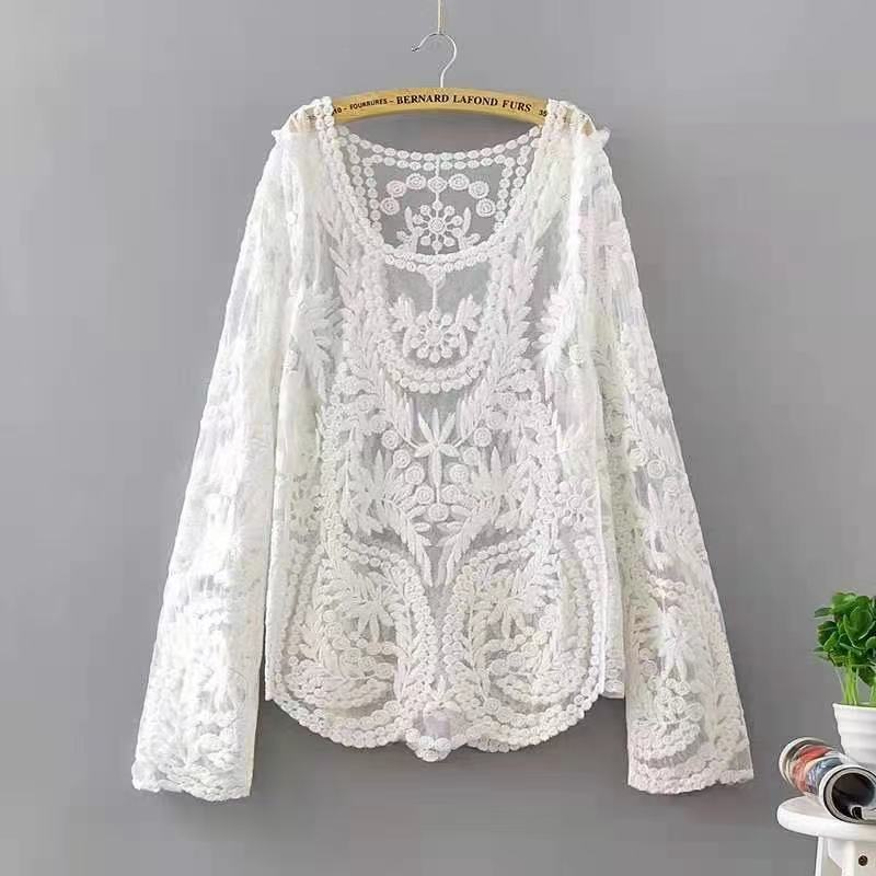 Women Summer Vacation Long Sleeve Lace Mesh Loose Hollow Cover-Ups