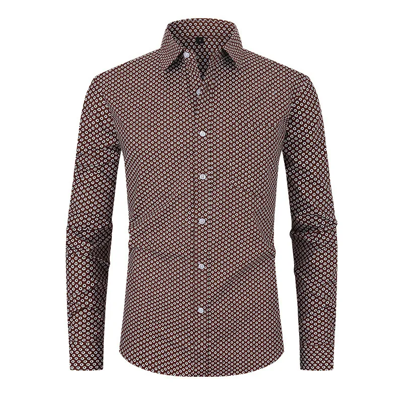 Men Fashion Casual Tiny Flower Long Sleeve Lapel Shirt