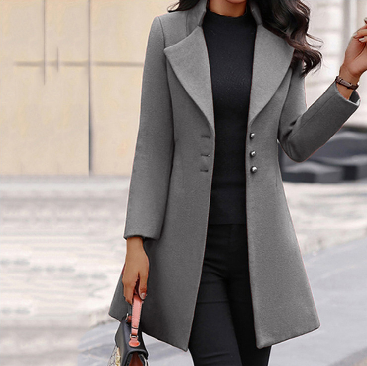 Women Fashion Casual Solid Color Lapel Woolen Mid-Length Long Sleeve Blazers