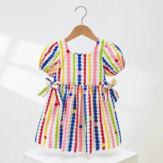 (Buy 1 Get 1) Toddlers Newborn Baby Fashion Girls Short Sleeve Cute Rainbow Stripe Print Dress