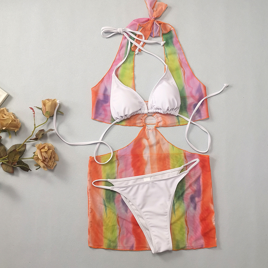 Women Fashion Sexy Summer Vacation Rainbow Tie-Dye Print Three-Piece Bikini Swimsuit