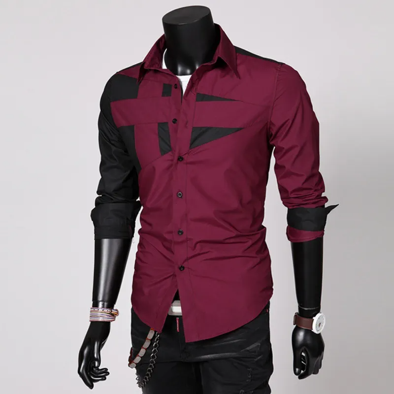 Men Fashion Contrast Color Splicing Lapel Slim Long Sleeve Shirt