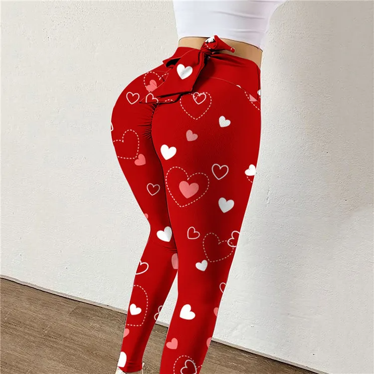 (Buy 1 Get 2) Women Fashion Casual Heart Printed Bow High Waist Hip Yoga Pants