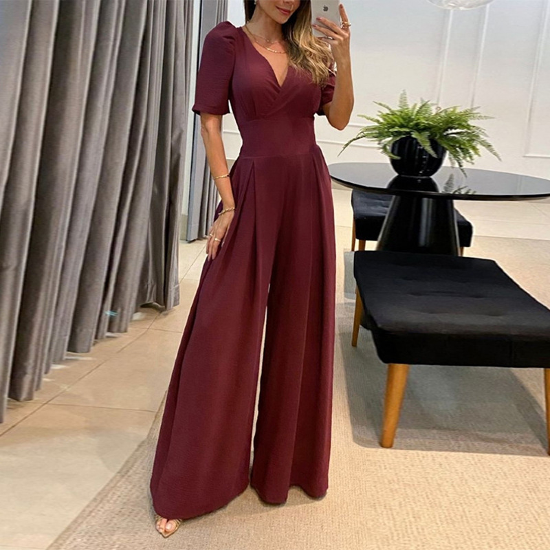 Women Fashion Solid Elegant Casual V-Neck High Waist Puff Short Sleeve Wide Leg Jumpsuits