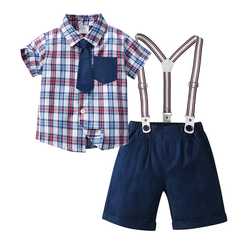 Kids Toddler Boys Summer Fashion Casual British Style Tie Playid Lapel Shirt Suspender Trousers Boys Party Clothing Set