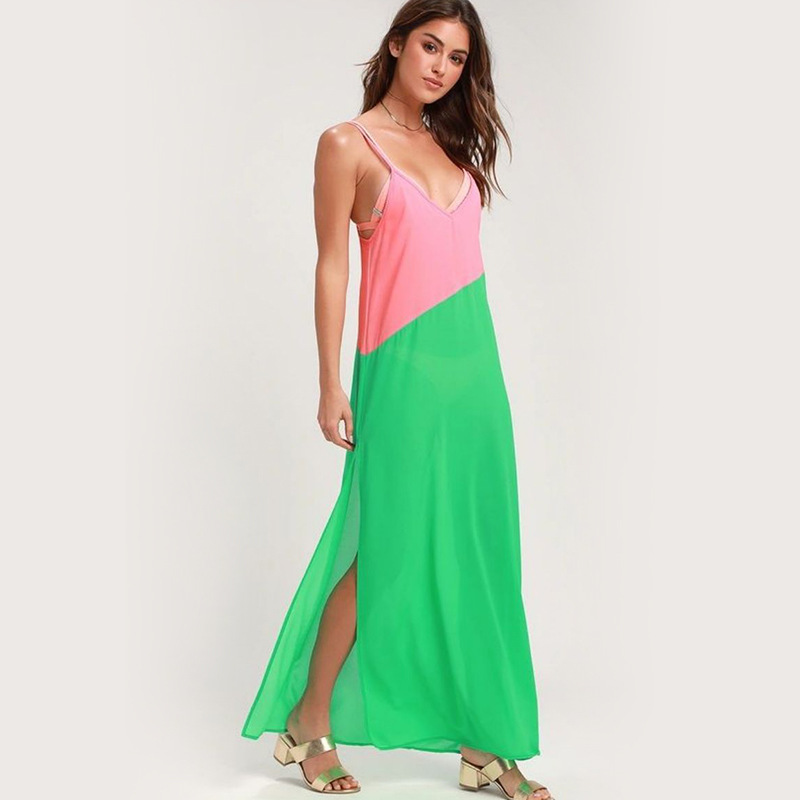 Women Sexy Casual Vacation Color Blocking V-Neck Spaghetti Strap Backless Chiffon Beach Dress