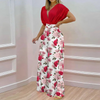 Women Elegant Solid Color Top And Floral Printed High Waist Wide Leg Pants Two Pieces Office Chic Set