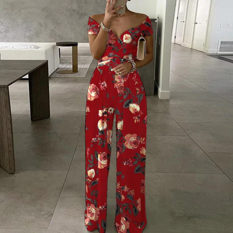 Women Elegant Off-Shoulder Floral Print Casual High Waist Wed Leg Jumpsuits