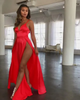 Sexy Women Elegant Solid Color Satin Spaghetti Strap Defined Waist Side-Slit Maxi Party Dress