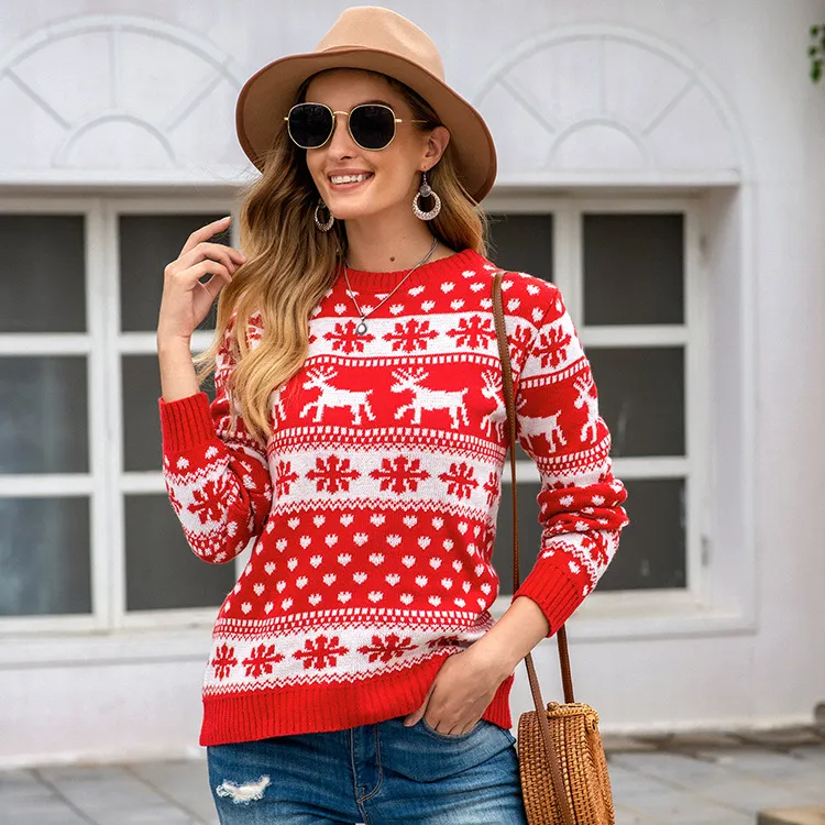 Women Winter Casual Christmas Snowflake Pattern Round Neck Long Sleeve Knitted Sweater