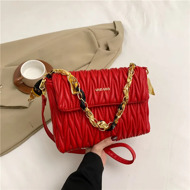 Women Fashion Creased Square Flap Chain Shoulder Bag