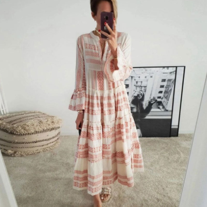 Women Ethnic Printed V-Neck Flared Sleeve Loose Dress