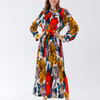 Women Elegant Vacation Loose Stand Collar Pleated Long Sleeves Printed Chiffon Dress