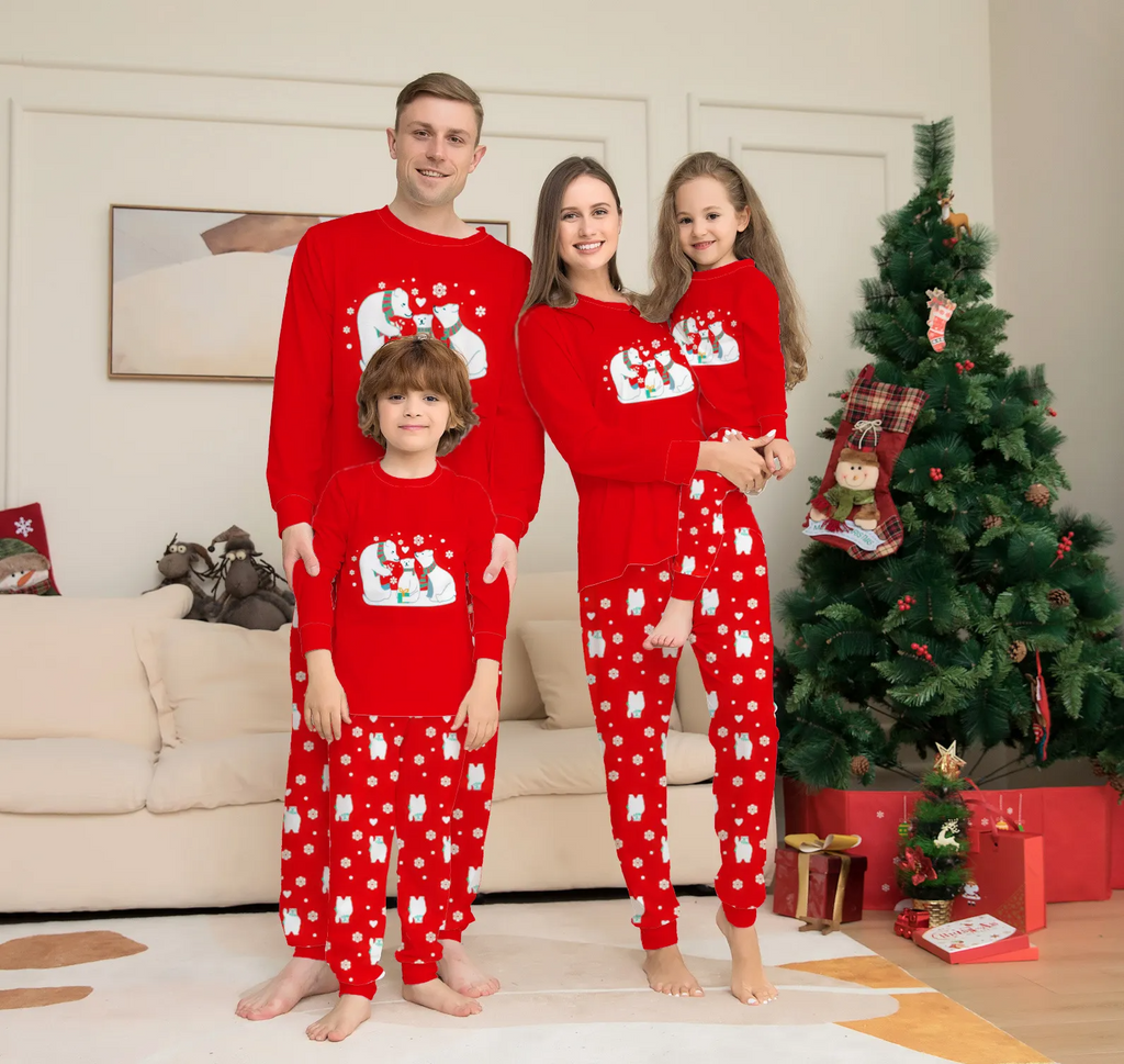 Christmas Cartoon Bear Snowflake Print Round Neck Long Sleeve Parent-Child Pajamas Set