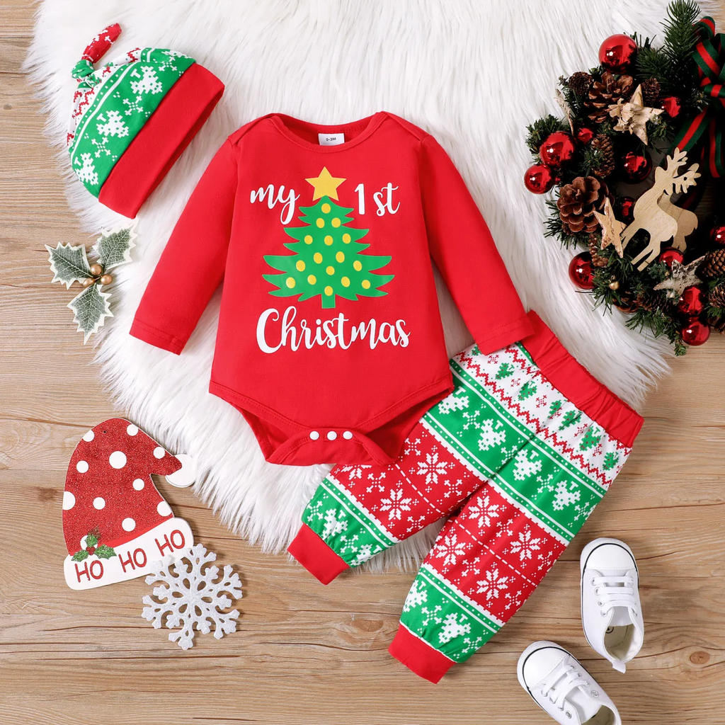 Kids Baby Girls Fashion Casual Christmas Solid Color Christmas Tree Letters Round Neck Long Sleeve Romper Color-Block Trousers Set