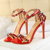 Fashion Women Sexy 11cm High Heels Rivets Studded Sandals Ankle Buckle Strap Stiletto Shoes