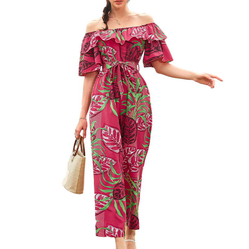 Women Fashion Vacation Leaf Printed Off-Shoulder Ruffles Holiday Defined Waist Fashion Casual Wide-Leg Jumpsuit