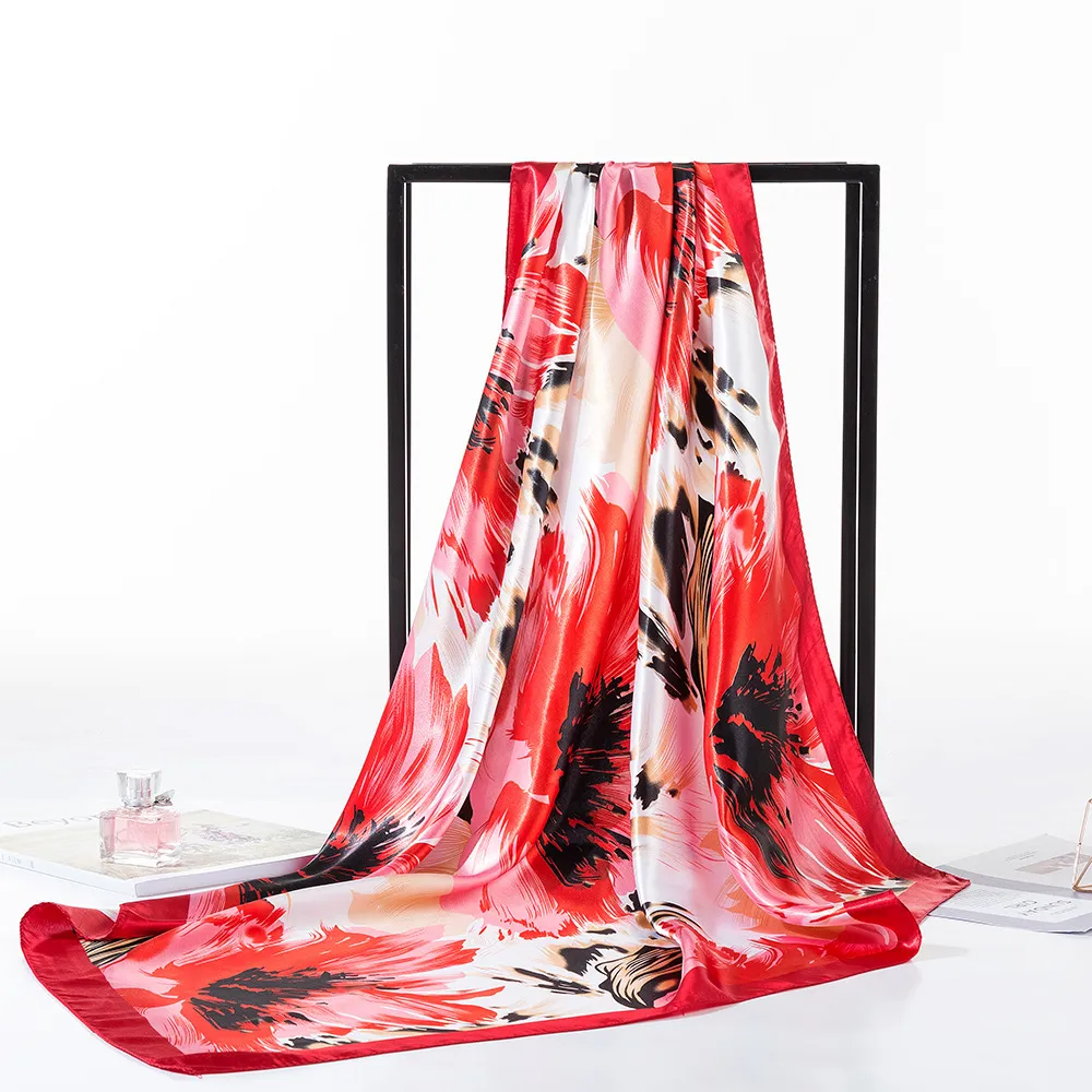 (Buy 1 Get 2) 90Cm Women'S Fashion Graffiti Printing Imitation Satin Silk Scarf