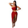 Asymmetric One-Shoulder Cropped Top Sexy Side-Slit Skirt Women Solid Color Two-Piece Set