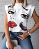 Women'S Simple Short Sleeve Stand Collar Lip Print Blouse