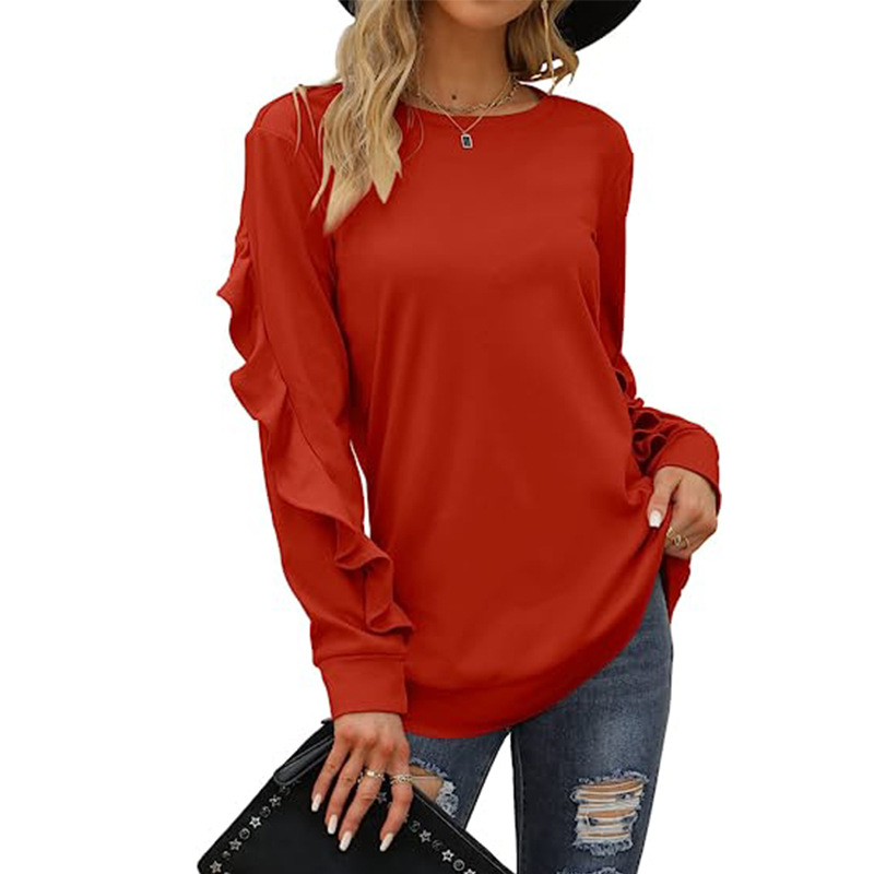 Autumn Winter Women Casual Round Neck Long Sleeve Ruffled Sweatshirt