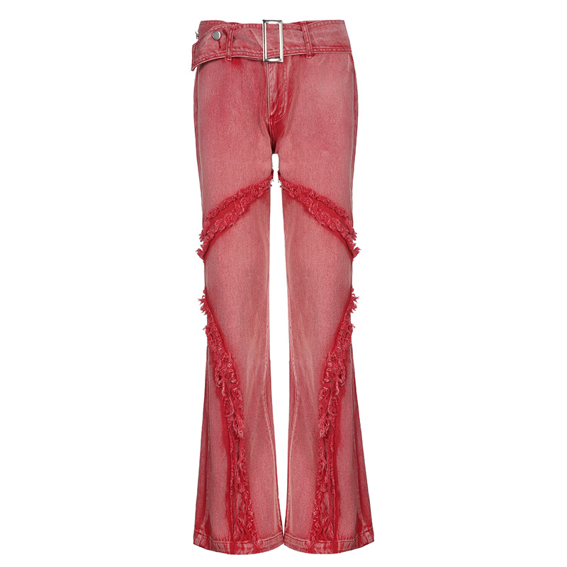 Women'S Fashion Edgy Raw Edge Pink Flare Jeans