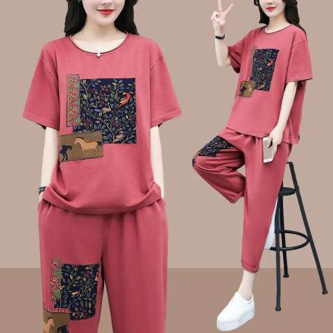 Women Summer Casual Short Sleeve T-Shirt And Loose Pants Graphic Printed Set