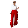 Women Solid Color Ruffle High Waist Wide Leg Pants