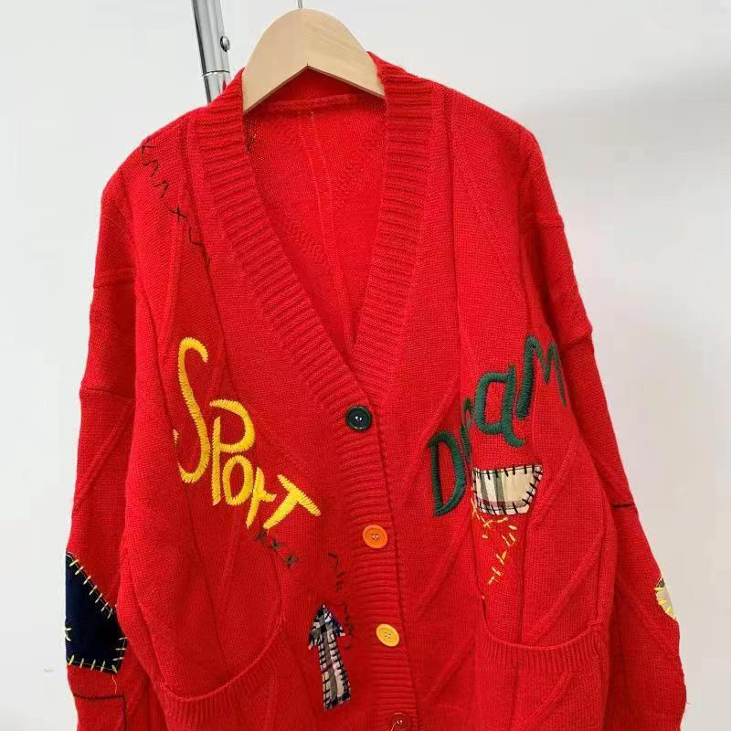 Women Fashion Loose Multicolor Embroidered V-Neck Sweater Coat