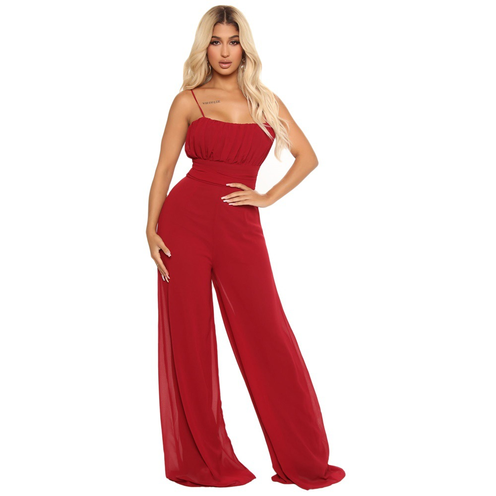 Women Solid Color Suspenders Pleated Backless Loose Casual Wide Leg Jumpsuit