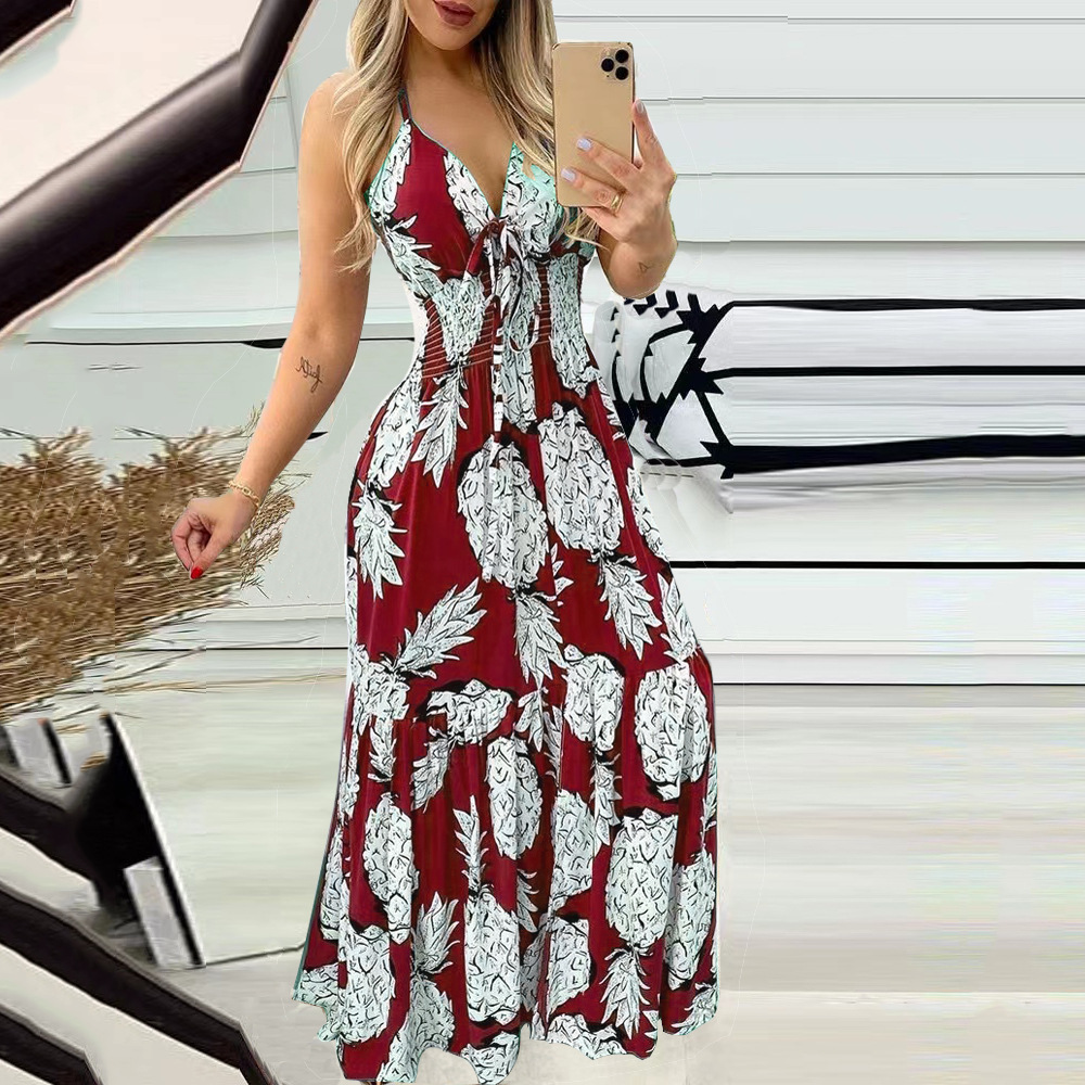 Women Fashion Sexy Pineapple Printing Defined Waist Slip Dress