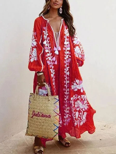 Ramadan /Eid Women Retro Loose V-Neck Long Sleeve Printed Maxi Dress