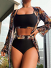 Women Summer Vacation Sexy Leaf Floral Printed Swimsuit Three-Piece Set