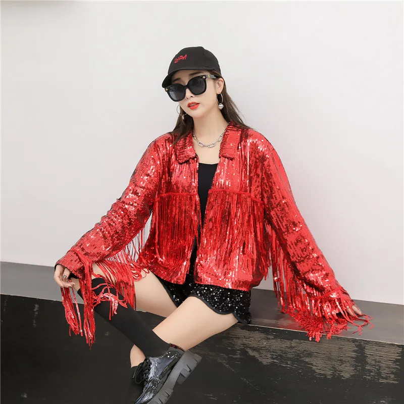 Women Tassel Sequin Jacket Winter New Year Christmas Party Sequin Coat