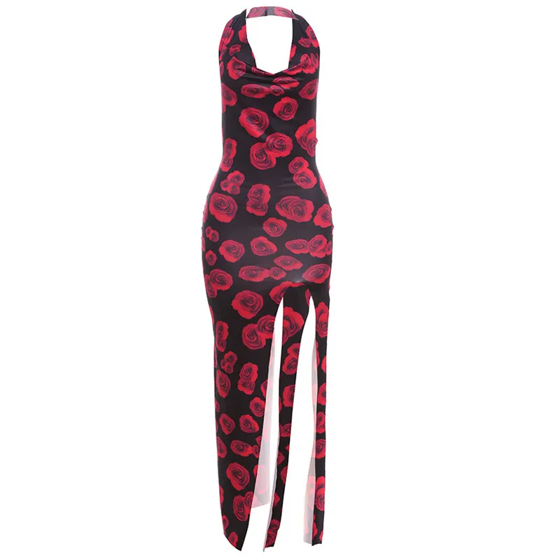 Women Sexy Rose-Print Halter Side Slit Bodycon Maxi Dress