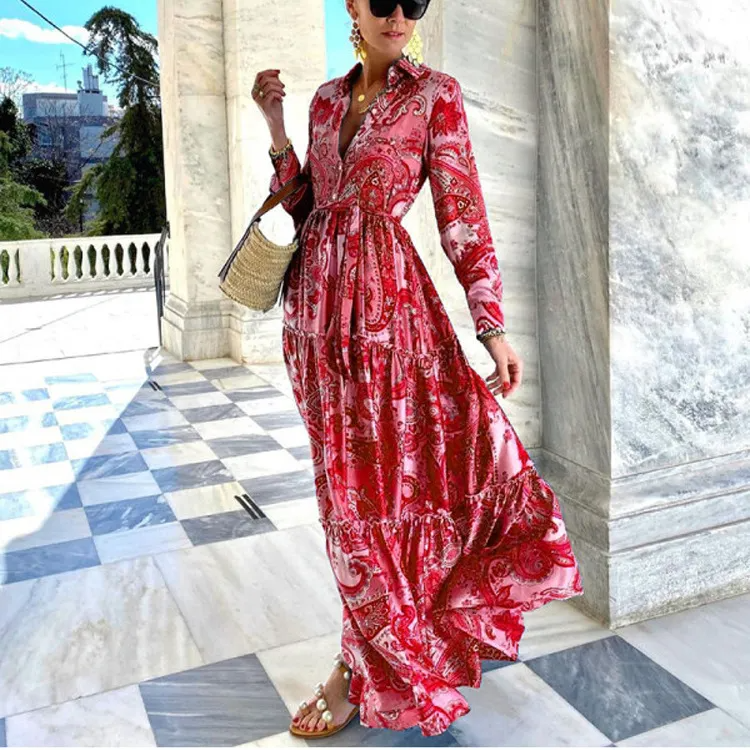 Women Ramadan /Eid Fashion Boho Paisley Printing Long Sleeve Dress