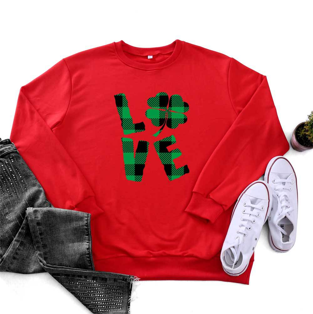 St.Patrick'S Day Fashion Women'S Long-Sleeved LOVE Four-Leaf Clover Print Round Neck Sweater