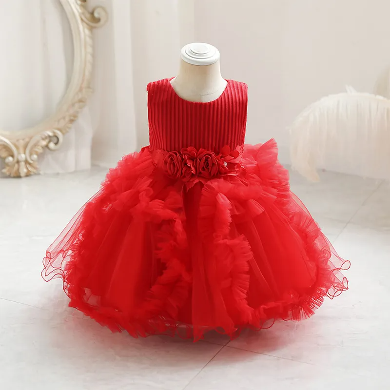 (Buy 1 Get 1) Kids Baby Girls Summer Fashion Party Cute Sweet Solid Color Floral Pleated Sleeveless Mesh Party Tutu Dress