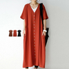 Women Fashion Minimalist Casual Loose Solid Color Short-Sleeve V-Neck Single-Breasted Dress