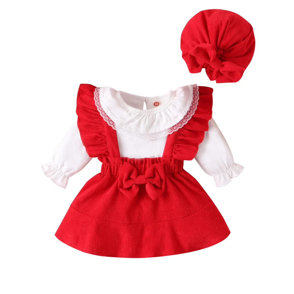 Baby Fashion Casual Christmas Solid Color Long Sleeve Round Neck Romper Playd Bow Skirt Sets