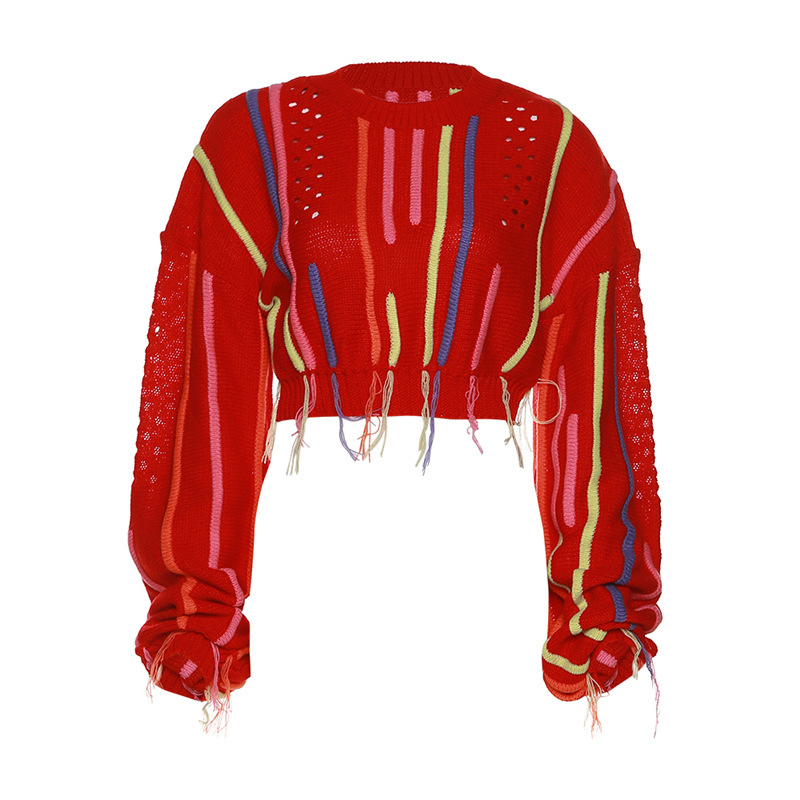 Women'S Fashion Color Block Fringed Sweater