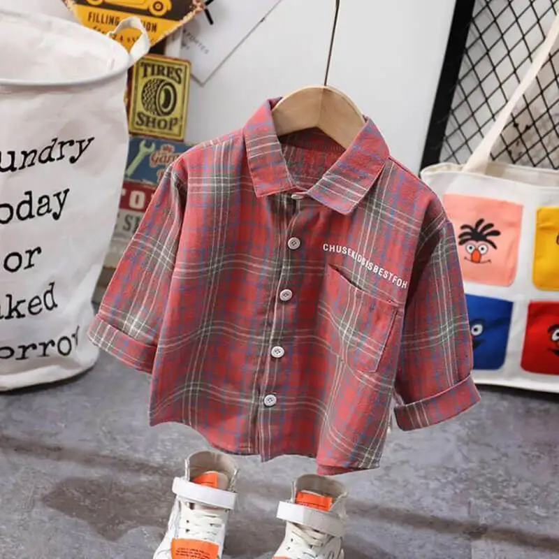 Boys Casual Single-Breasted Plaid Shirt