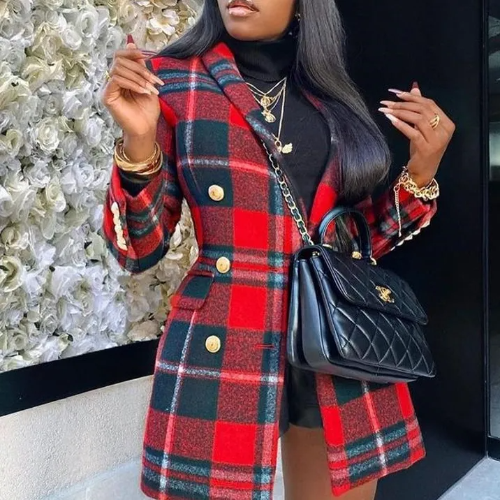 Women Fashion Red Plaid Long Blazers