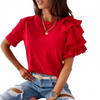 Women Elegant Solid Color Ruffled Short Sleeves Round Neck Loose Summer Blouse