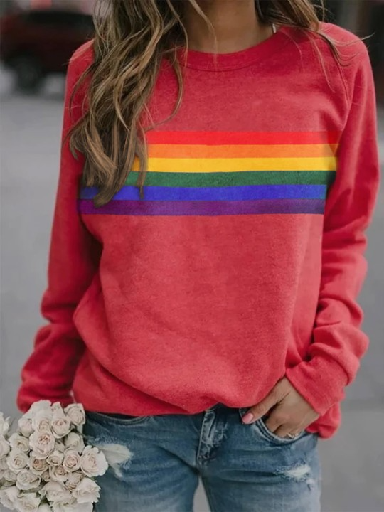 Fashion Women'S Multicolor Stripe Printed Round Neck Pullover Long Sleeve Sweatshirt