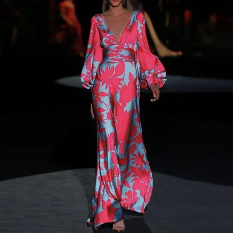 Women Ramadan /Eid Fashion Elegant Sexy Deep V Floral Print Lantern Sleeve Maxi Dress